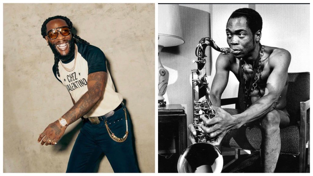 Burna boy laughing at the camera, Fela Kuti holding his saxophone.