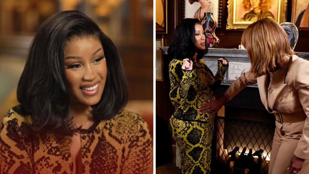 Left: Cardi B smiling during her interview, wearing a yellow and black patterned outfit. Right: Cardi B, dressed in the same outfit, stands beside Gayle King, who gently places her hand on Cardi B’s baby bump while they chat in front of a fireplace.