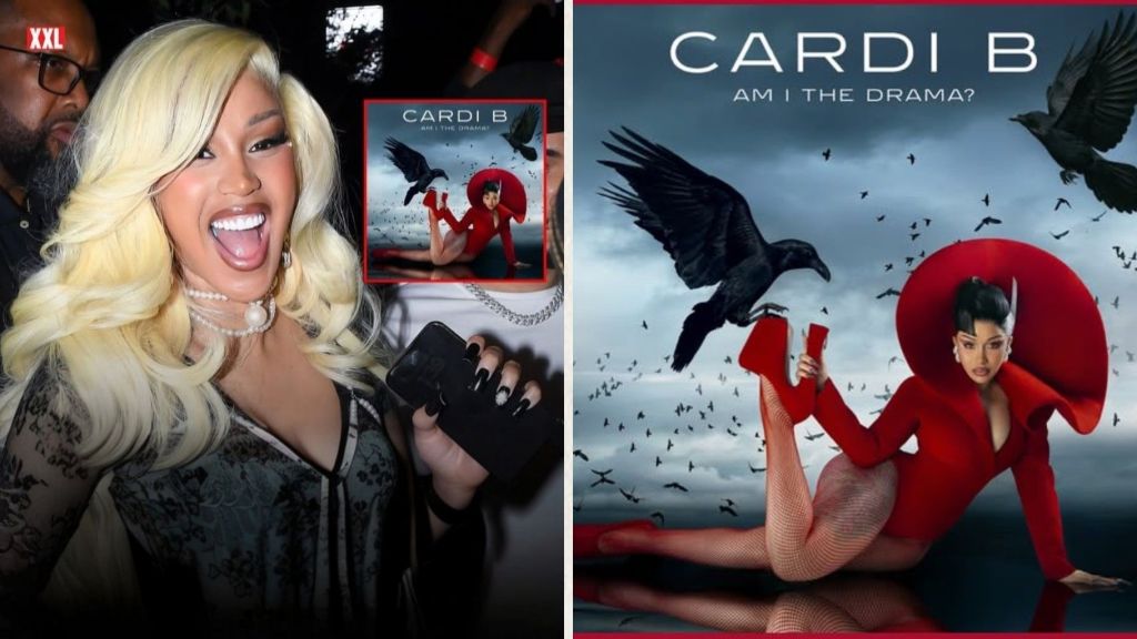 Cardi B beams in excitement as she promotes her sophomore album Am I The Drama? on the left, while the right shows the official album cover featuring her in a striking red outfit with dramatic collar and heels in hand, surrounded by flying ravens.