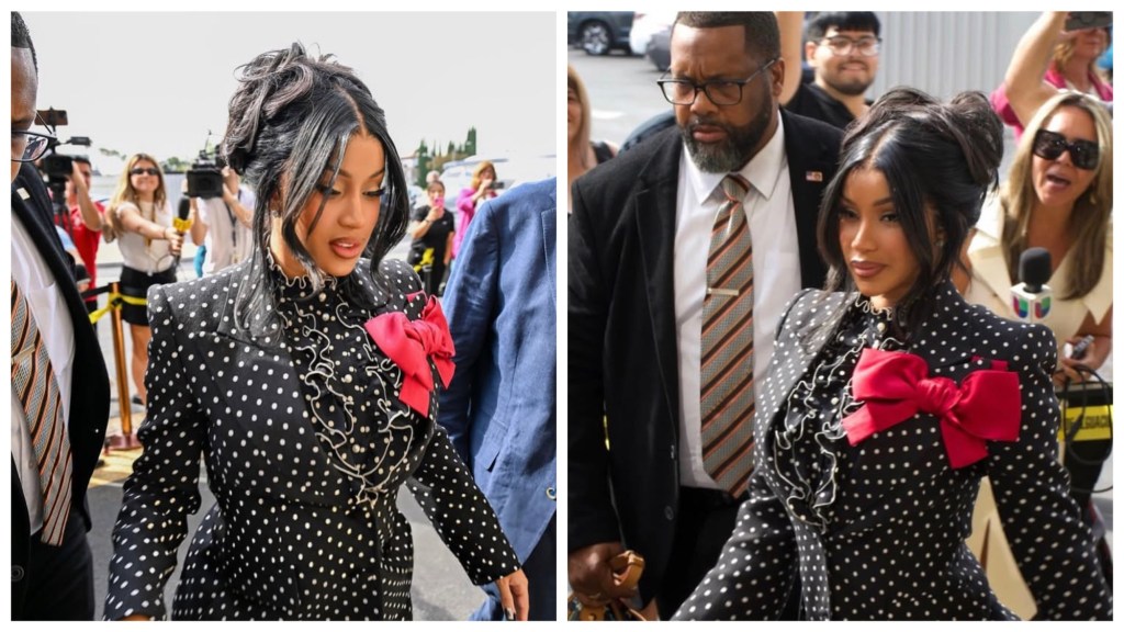 Cardi B outside court, calm face, press behind her