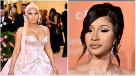 Side-by-side collage of Nicki Minaj in a pink ball gown with gemstone details at a red-carpet event, and Cardi B in a strapless dress with elegant earrings at another event.
