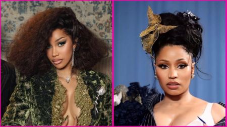 Side-by-side collage showing Cardi B in a deep green velvet outfit with voluminous hair on the left, and Nicki Minaj in a black and gold headpiece with an elegant gown on the right.
