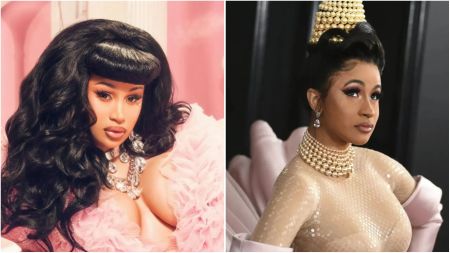 Side-by-side collage of Cardi B in two different glamorous looks, one with long wavy black hair and diamond jewellery, and another in a beaded updo with a layered pearl choker at a red carpet event.