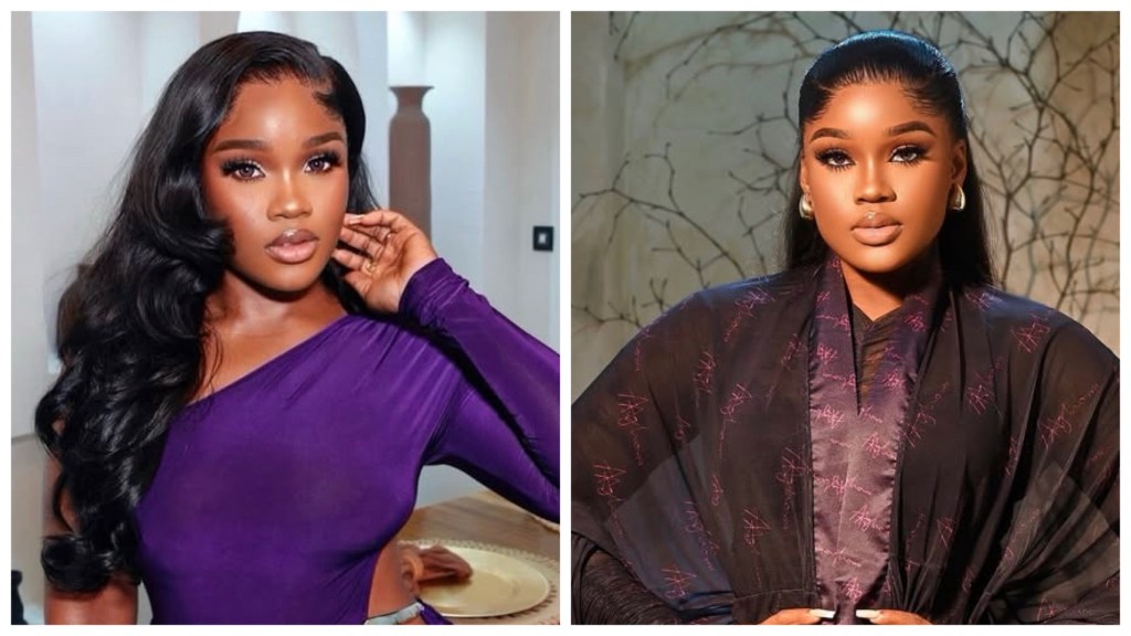Cee-C in a purple one-shoulder dress with long wavy hair, right in a black patterned robe with slicked-back hair.