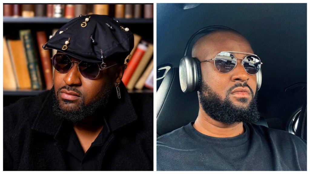 Charles wearing a black embellished cap before a bookshelf, right in a car with over-ear headphones.