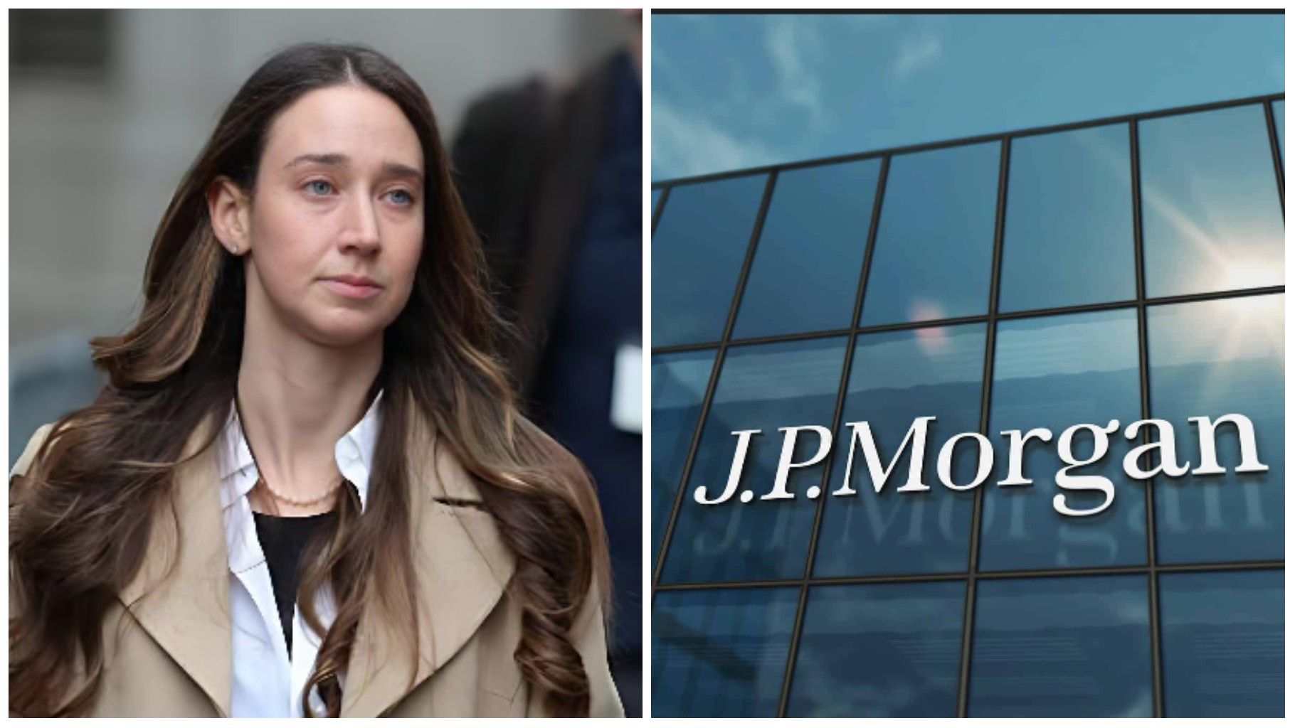 Left: Entrepreneur Charlie Javice, founder of Frank, walks outside a courthouse wearing a beige coat and white shirt. Right: Exterior view of a J.P. Morgan office building with the company’s logo on glass windows.