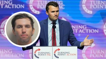 Conservative activist Charlie Kirk speaks at a Turning Point Action event, gesturing with his hands behind a podium, while an inset shows Tyla Robinson’s mugshot-style photograph.