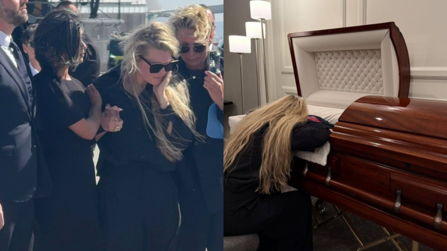 grieving woman in dark clothing and sunglasses being comforted by others during a funeral procession. Right: The same woman dressed in black, leaning over a polished wooden casket in deep sorrow.