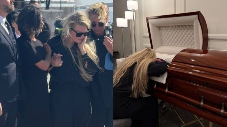 grieving woman in dark clothing and sunglasses being comforted by others during a funeral procession. Right: The same woman dressed in black, leaning over a polished wooden casket in deep sorrow.