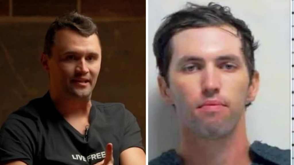 Conservative commentator Charlie Kirk (left) speaking during an interview, wearing a black T-shirt with "Live Free" printed on it, alongside Tyler Robinson (right) in a mugshot-style photo, wearing a dark outfit.
