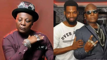 Nigerian entertainer Charly Boy, also known as Area Fada, pictured in two different moments: on the left, posing in a stylish outfit and rings with his hand on his chest, and on the right, wearing dark sunglasses and chains while standing beside his son.