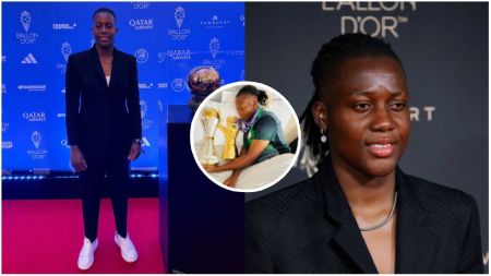Nigerian goalkeeper Chiamaka Nnadozie poses on the Ballon d’Or red carpet in a black suit, smiles for photos at the event, and is seen lying beside her football trophies in another frame.