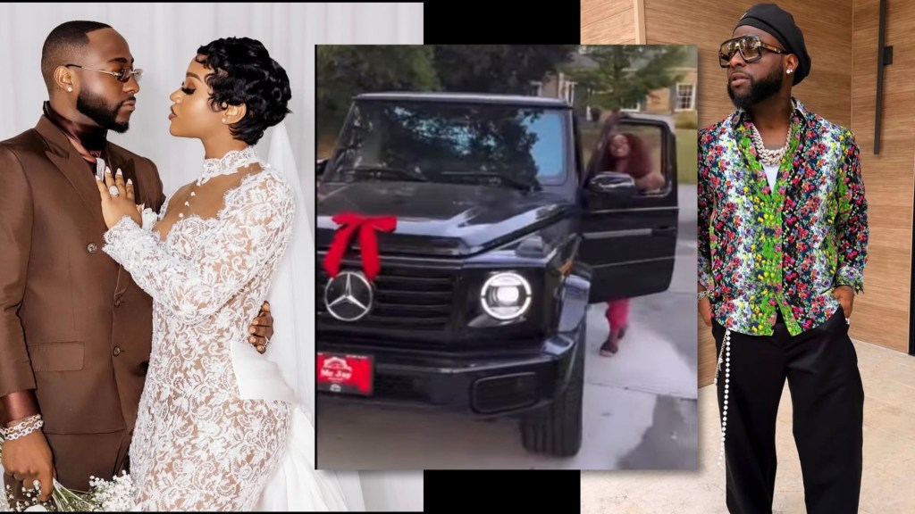 Davido and Chioma in their wedding outfit, Chioma standing close to her new electric G-Wagon and Davido in a black barret and a mixed color shirt.