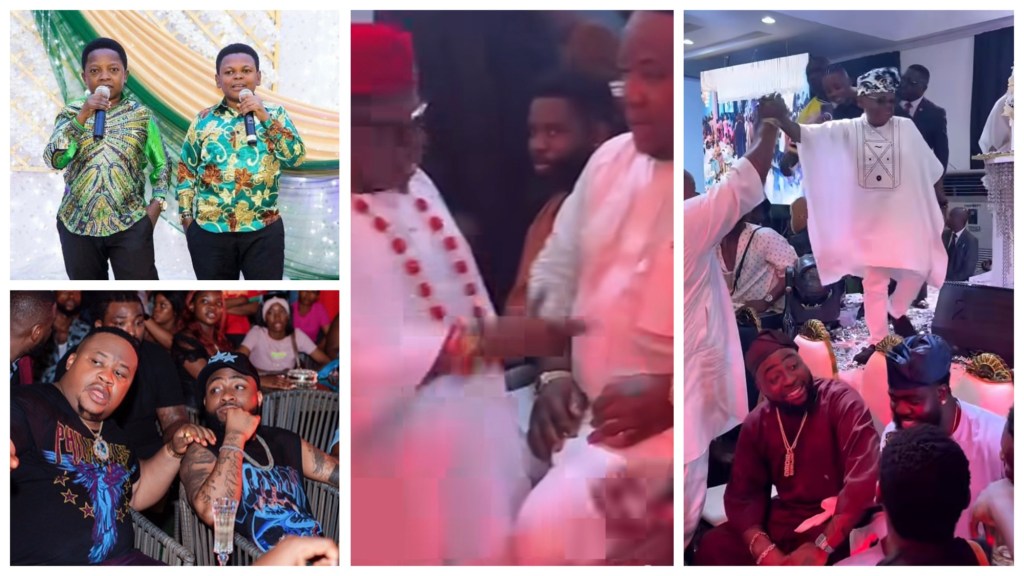 Davido and Cubana Chiefpriest exchange greetings with Nollywood veteran actors Osita Iheme and Chinedu Ikedieze.
