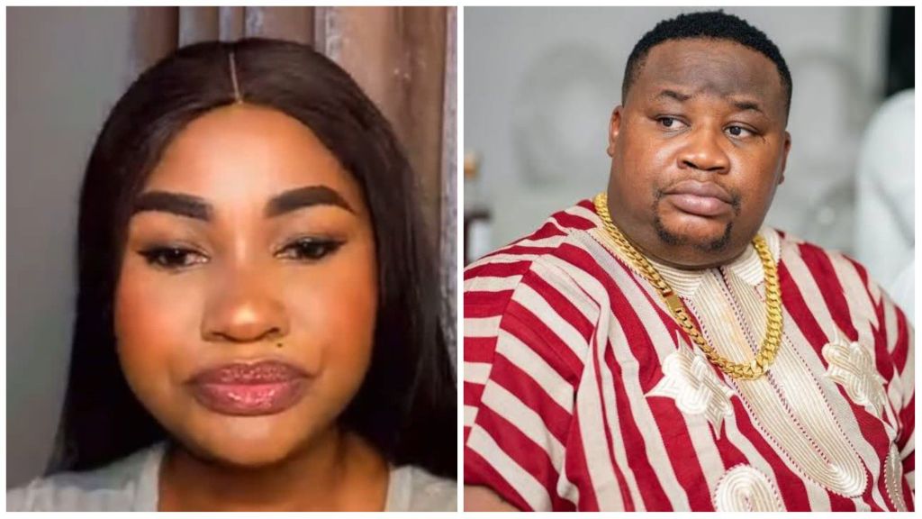 A side-by-side photo collage showing Hellen on the left, wearing light makeup with straight black hair, and businessman Cubana Chief Priest on the right, dressed in a red-and-white striped traditional outfit with a thick gold chain.