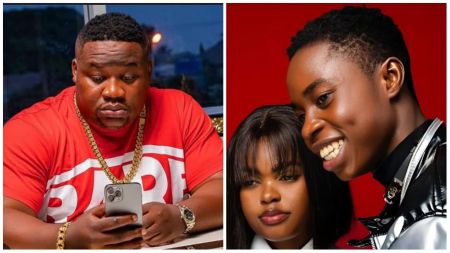 Collage showing nightlife entrepreneur Cubana Chief Priest in a red shirt holding a phone, alongside Peller and Javis posing stylishly against a red background.