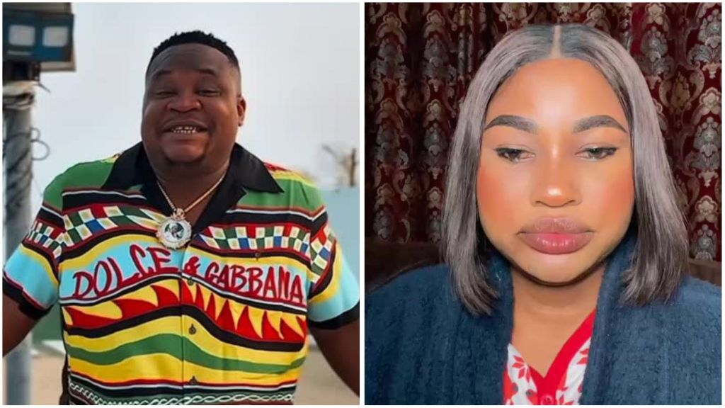 Nigerian nightlife promoter Cubana Chief Priest is pictured smiling in a colourful Dolce & Gabbana shirt, alongside Hellen Ati, who poses in a close-up portrait with a calm expression.