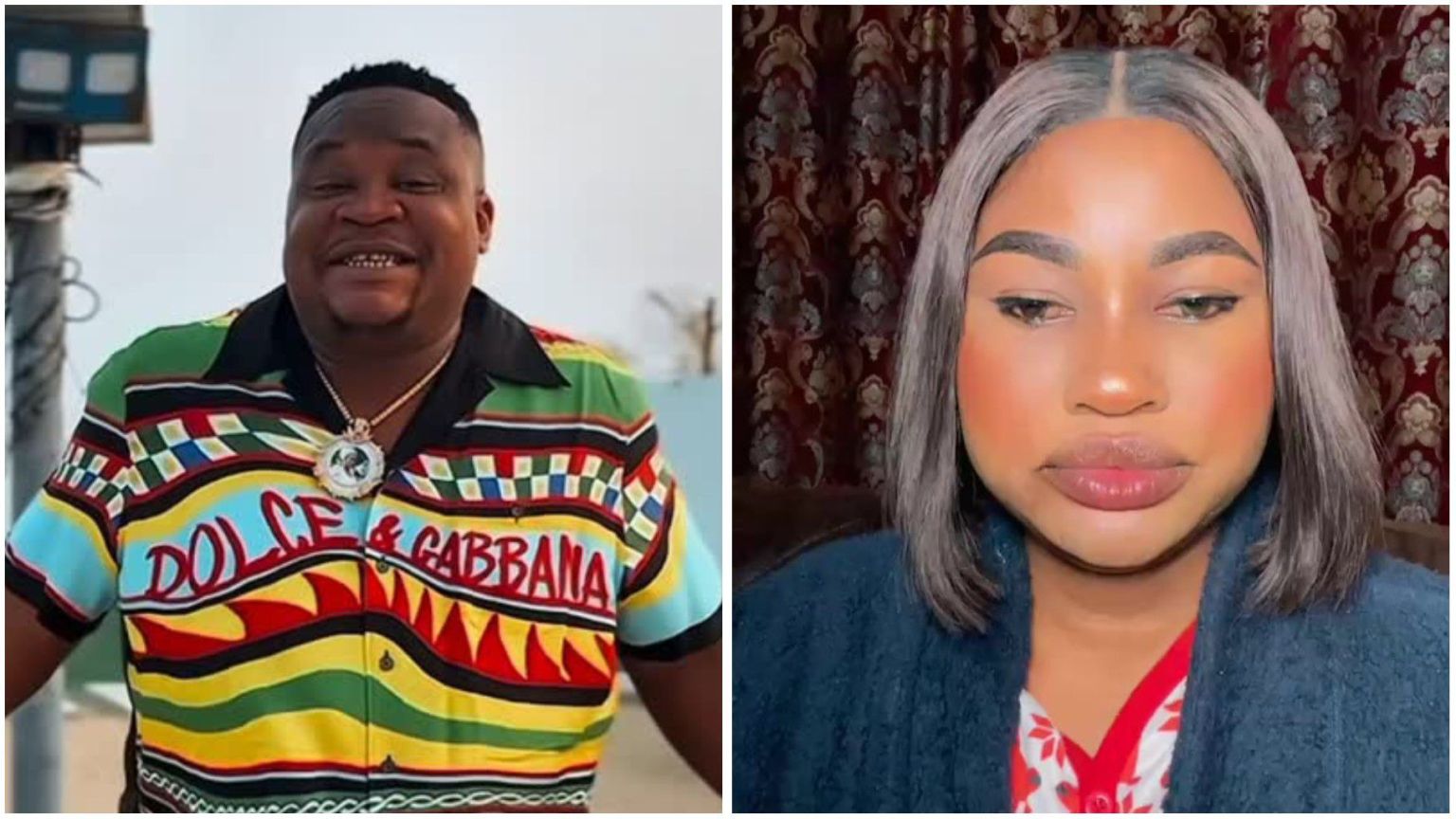 Nigerian nightlife promoter Cubana Chief Priest is pictured smiling in a colourful Dolce & Gabbana shirt, alongside Hellen Ati, who poses in a close-up portrait with a calm expression.