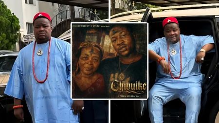 Collage showing Cubana Chief Priest in traditional blue attire with a red cap and beads. On the left, he poses beside a car. On the right, he sits in a vehicle doorway. In the centre, an artwork cover displays him with his late mother, captioned “Chibuike (Nwa Mama Ya).”