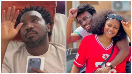 A collage showing Nigerian singer Timi Dakolo holding a new iPhone while lying on a bed in the left frame, and in the right frame, Dakolo is seen happily posing outdoors with his wife, Busola Dakolo, who is wearing a red jersey and smiling.