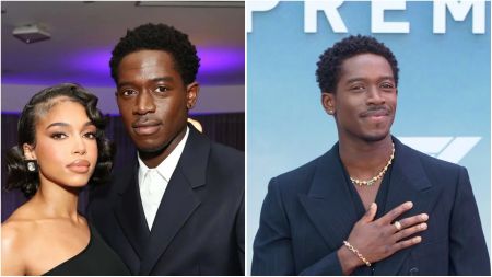Side-by-side photos of Damson Idris and Lori Harvey. The first shows Lori Harvey in a black one-shoulder dress posing with Damson Idris in a dark suit at an event. The second shows Damson Idris alone, smiling with his hand on his chest, dressed in a navy suit against a light blue backdrop.