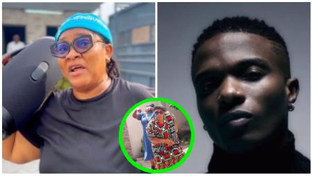 Nigerian dancer Arinze appears in two frames, one carrying a large speaker and another dancing in colourful attire, placed beside a portrait of Afrobeats star Wizkid in a dark turtleneck.