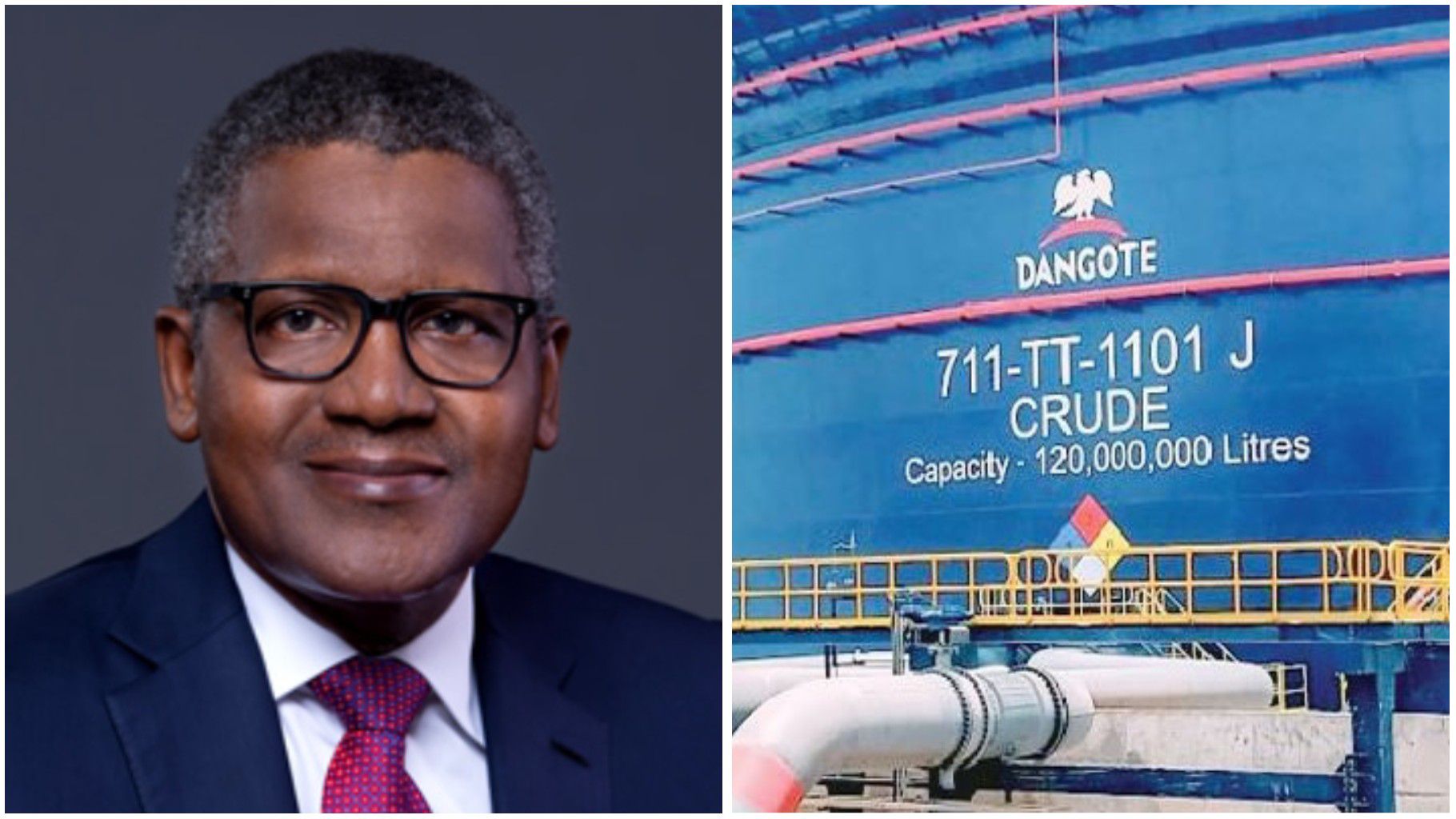 Aliko Dangote in a suit and tie beside a view of the Dangote refinery crude storage tank with a capacity of 120 million litres.