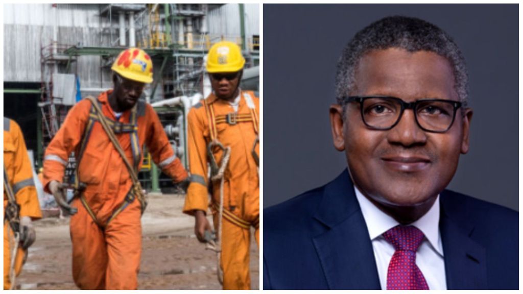 Aliko Dangote in a suit (right) and workers in orange safety uniforms with helmets walking at the Dangote Refinery construction site (left).