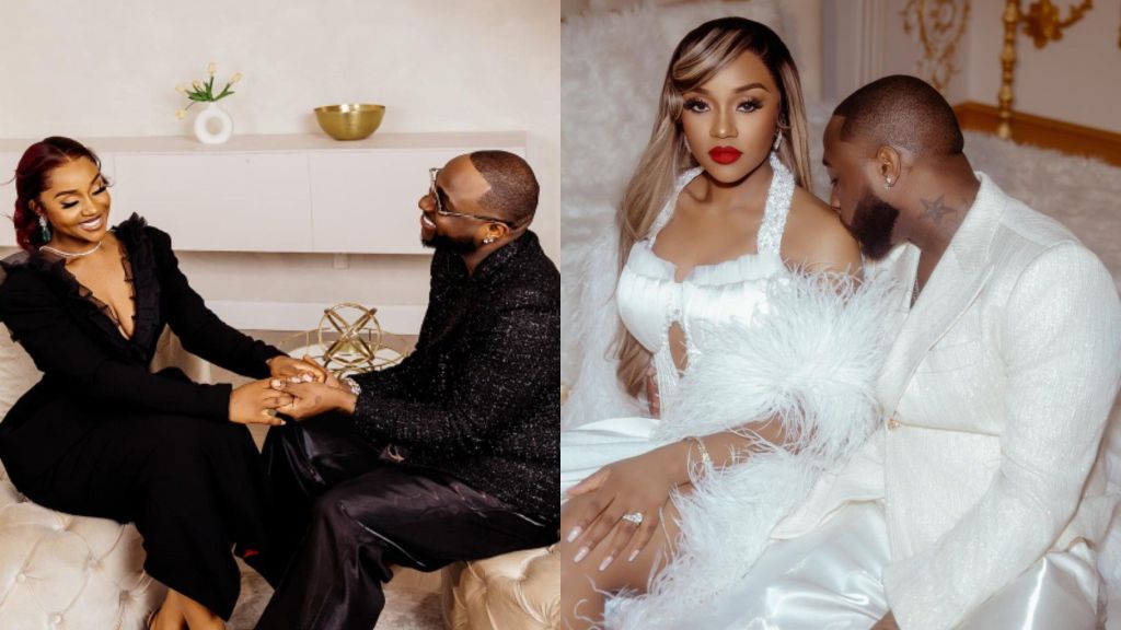 Nigerian music star Davido and his wife Chioma in stunning couple portraits. In one photo, they hold hands and smile warmly at each other in black outfits, while in the other, Davido kisses Chioma’s shoulder as she dazzles in a glamorous white gown.