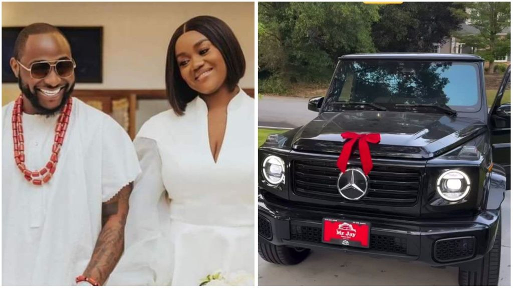 Singer Davido and his wife Chioma smiling together in traditional white attire, beside a brand new black Mercedes-Benz G-Wagon decorated with a red ribbon.