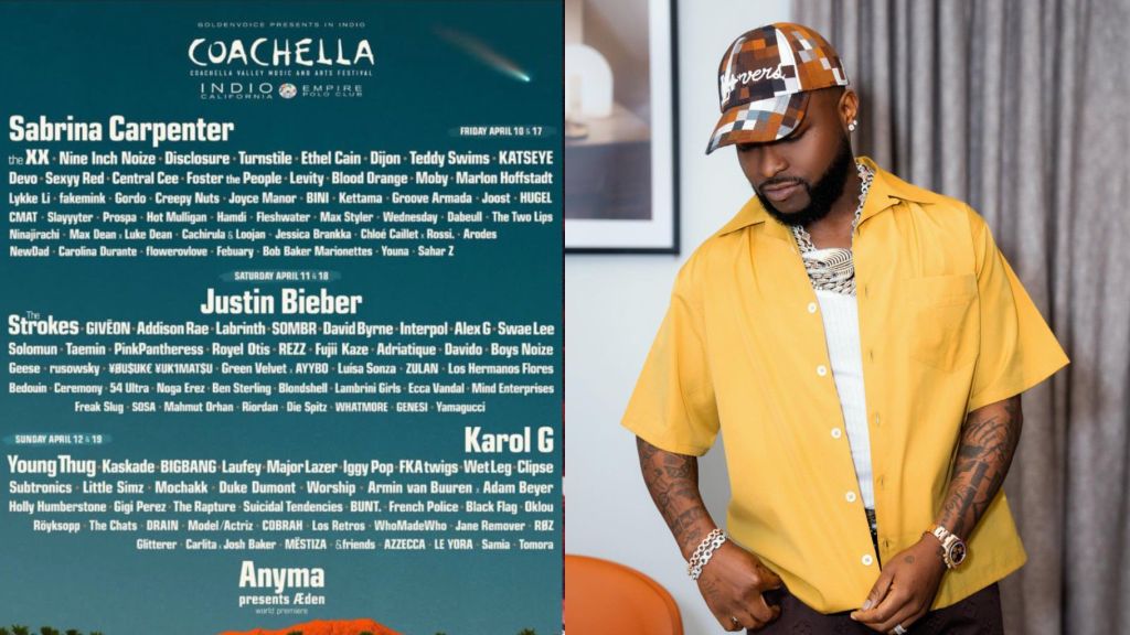 Left image shows the official Coachella 2025 lineup poster listing headliners Sabrina Carpenter, Justin Bieber, and Karol G, with Davido’s name included among Saturday’s performers. Right image shows Davido wearing a yellow short-sleeve shirt over a white vest, layered diamond chains, a patterned cap, and a wristwatch, posing indoors.