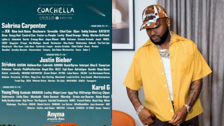 Left image shows the official Coachella 2025 lineup poster listing headliners Sabrina Carpenter, Justin Bieber, and Karol G, with Davido’s name included among Saturday’s performers. Right image shows Davido wearing a yellow short-sleeve shirt over a white vest, layered diamond chains, a patterned cap, and a wristwatch, posing indoors.
