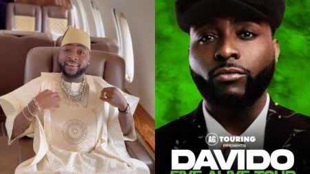 Nigerian music star Davido on a promotional poster for his 5ive Alive Tour, scheduled for Thursday, November 20th, at the State Farm Arena. The poster shows him in a dark outfit with a cap against a green-themed background.