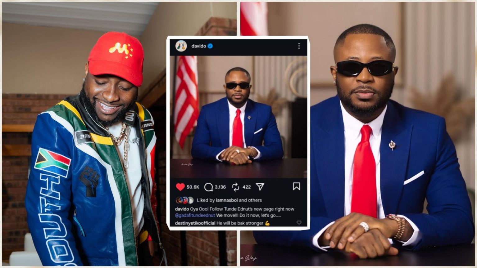 Nigerian singer Davido smiling in a colourful jacket, and entertainer Tunde Ednut dressed formally in a blue suit with a red tie. At the centre is a screenshot of Davido’s Instagram post urging fans to follow Tunde Ednut’s new page.
