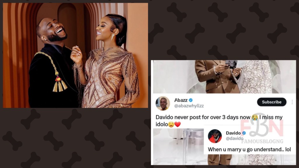 Davido laughs beside wife Chioma, who smiles in a gold beaded gown, indoors.screenshot of X posts—between @abazwhyllzz and himself