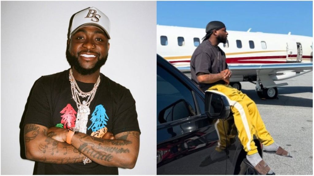Split image of Nigerian singer Davido. On the left, he smiles in a black T-shirt with colourful designs and layered diamond chains. On the right, he sits on a black car in front of a private jet, dressed in yellow trousers, brown slides, and a black durag.
