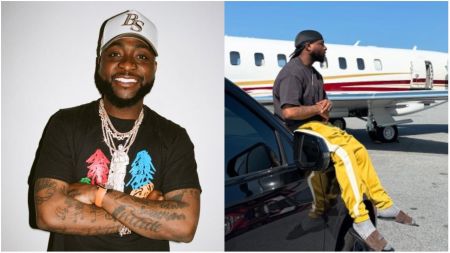 Split image of Nigerian singer Davido. On the left, he smiles in a black T-shirt with colourful designs and layered diamond chains. On the right, he sits on a black car in front of a private jet, dressed in yellow trousers, brown slides, and a black durag.