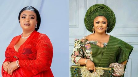 Left image shows Dayo Amusa in a red lace gown with matching inner wear, styled hair pulled back, and accessorised with pearl earrings, necklace, and bracelet. Right image shows Dayo Amusa dressed in a green traditional attire with a matching gele headwrap, floral embroidered blouse, and a beaded clutch bag, smiling at the camera.