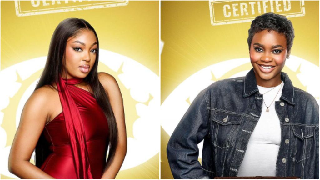 Side-by-side portraits of BBNaija Season 10 housemates: Mide (left) wearing a sleeveless red dress with a matching scarf detail, and Dede (right) smiling in a denim jacket over a white top with a necklace, both posed against a golden Big Brother Naija certified backdrop.