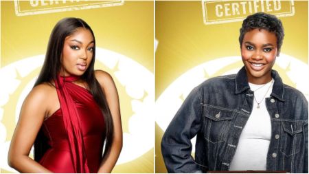 Side-by-side portraits of BBNaija Season 10 housemates: Mide (left) wearing a sleeveless red dress with a matching scarf detail, and Dede (right) smiling in a denim jacket over a white top with a necklace, both posed against a golden Big Brother Naija certified backdrop.