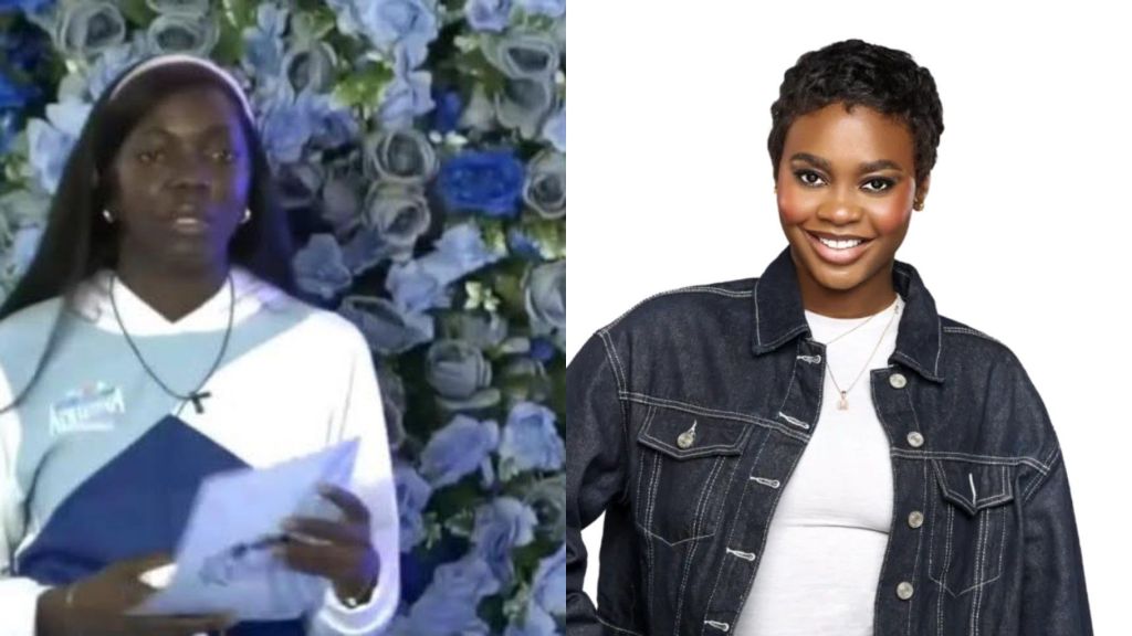 Side-by-side photos of BBNaija Season 10 housemates Delete and Zita. On the left, Delete is seen holding a card while dressed in a light blue and white hoodie with a cross necklace, standing against a floral backdrop of blue and white roses. On the right, Zita smiles brightly in a denim jacket over a white top, with short natural hair styled neatly.