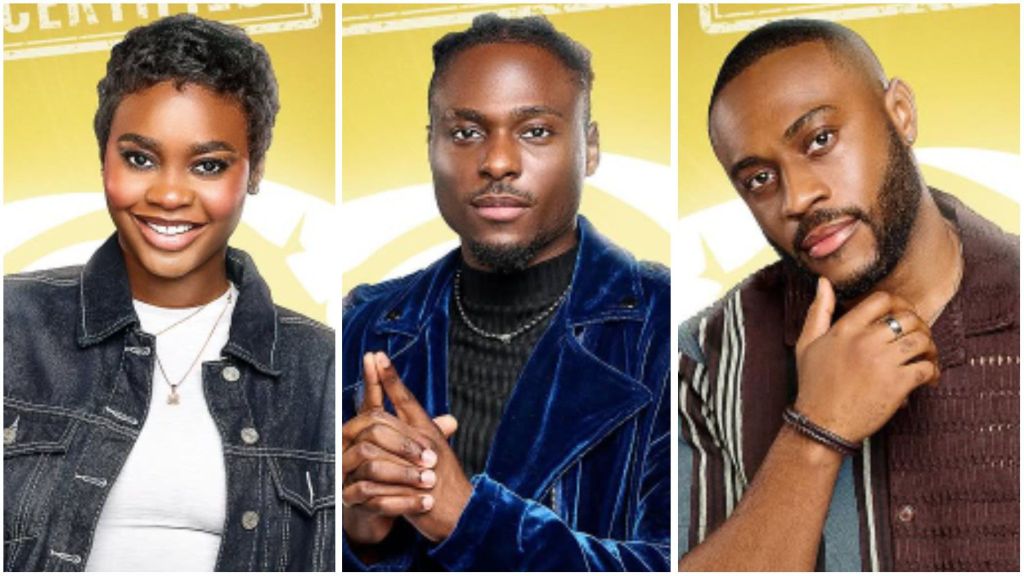 Side-by-side portraits of BBNaija Season 10 housemates Dede, Faith, and Kola. On the left, Dede smiles in a black denim jacket over a white top, accessorised with a necklace. In the middle, Faith poses in a deep blue velvet jacket over a black turtleneck. On the right, Kola rests his hand on his chin while wearing a striped brown short-sleeve shirt.