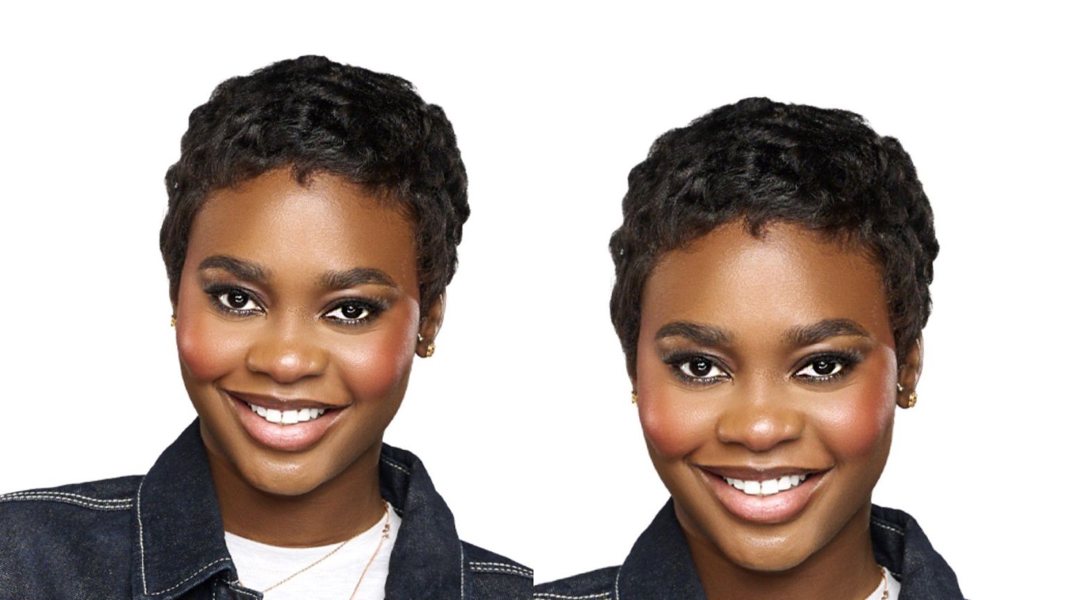 BBNaija Season 10 housemate Dede sits on the diary room chair with long wavy auburn hair, wearing a cream outfit, looking calm and focused against a leafy decorative background with glowing lights.