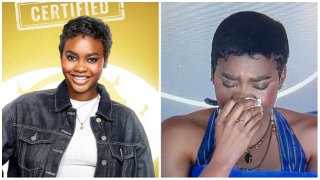 BBNaija Season 10 housemate Dede pictured in two moods — smiling in her official denim outfit portrait on the left, and wiping tears while crying during an emotional moment in the house on the right.