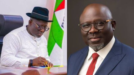 Delta State Governor Sheriff Oborevwori pictured in a suit with glasses, with the Nigerian flag in the background, as the Delta Government announces a ban on bushy beards, artificial hair, long eyelashes, and fake nails in the civil service.