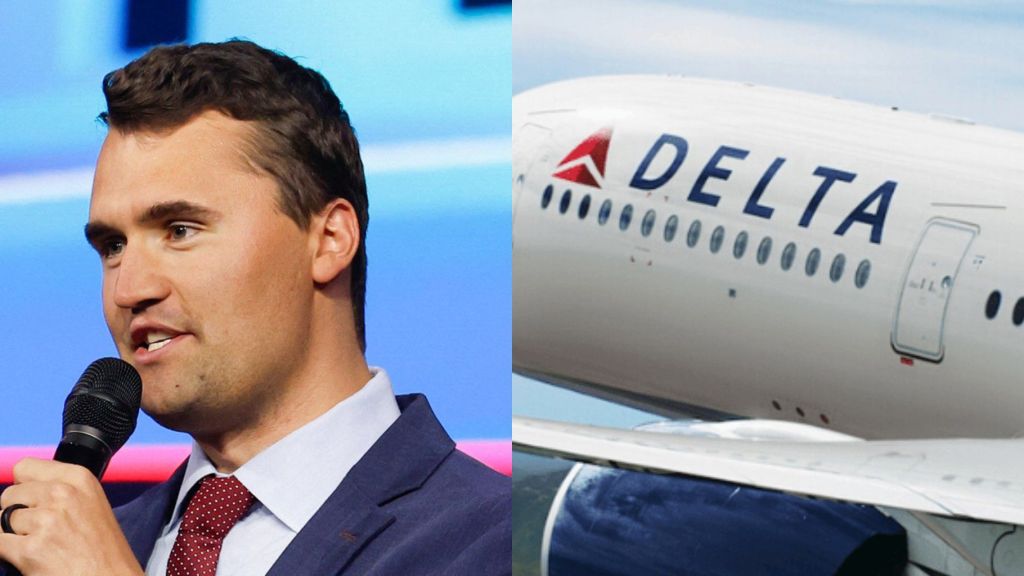Split image showing Charlie Kirk speaking into a microphone on the left and a Delta Airlines plane in flight on the right.