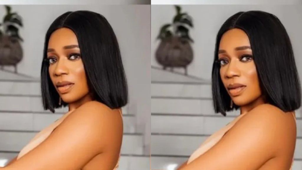 Two side-by-side portraits of a woman with a sleek black bob and soft glam makeup, posing over her shoulder in a nude sleeveless dress, indoors with a blurred staircase and potted plant behind her.