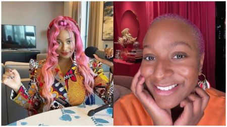 DJ Cuppy pictured in two contrasting looks: on the left with long curly pink hair styled with beads, wearing a colourful patterned jacket while holding a microphone; on the right with a close-up smiling selfie showing her natural face, rocking a low-cut pink hairstyle.
