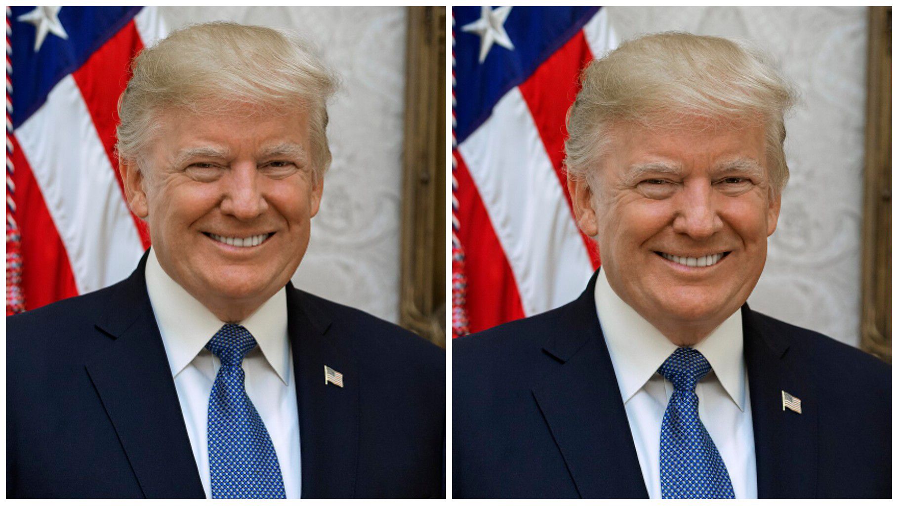 Former United States president smiles in a navy suit, white shirt, and blue patterned tie, standing in front of the American flag.