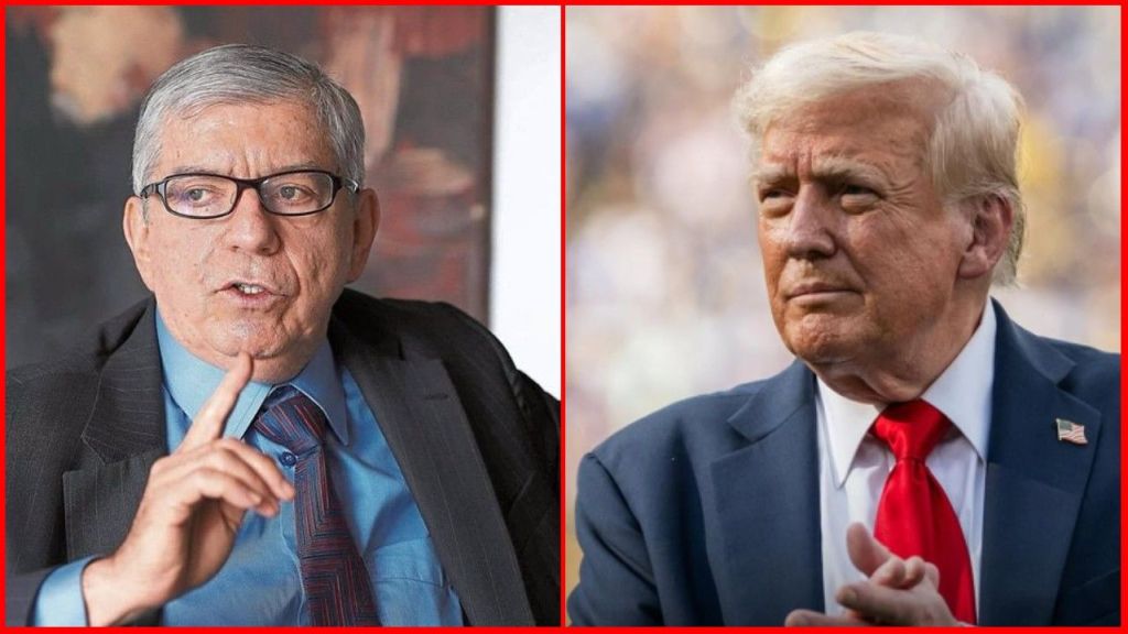Former Colombian President César Gaviria speaking in a suit and tie, alongside former U.S. President Donald Trump wearing a red tie and navy suit.